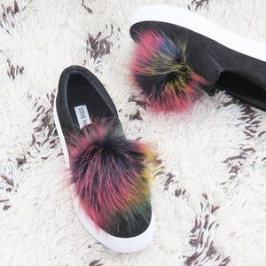 Steve Madden black faux suede slip on sneakers with faux fur poms